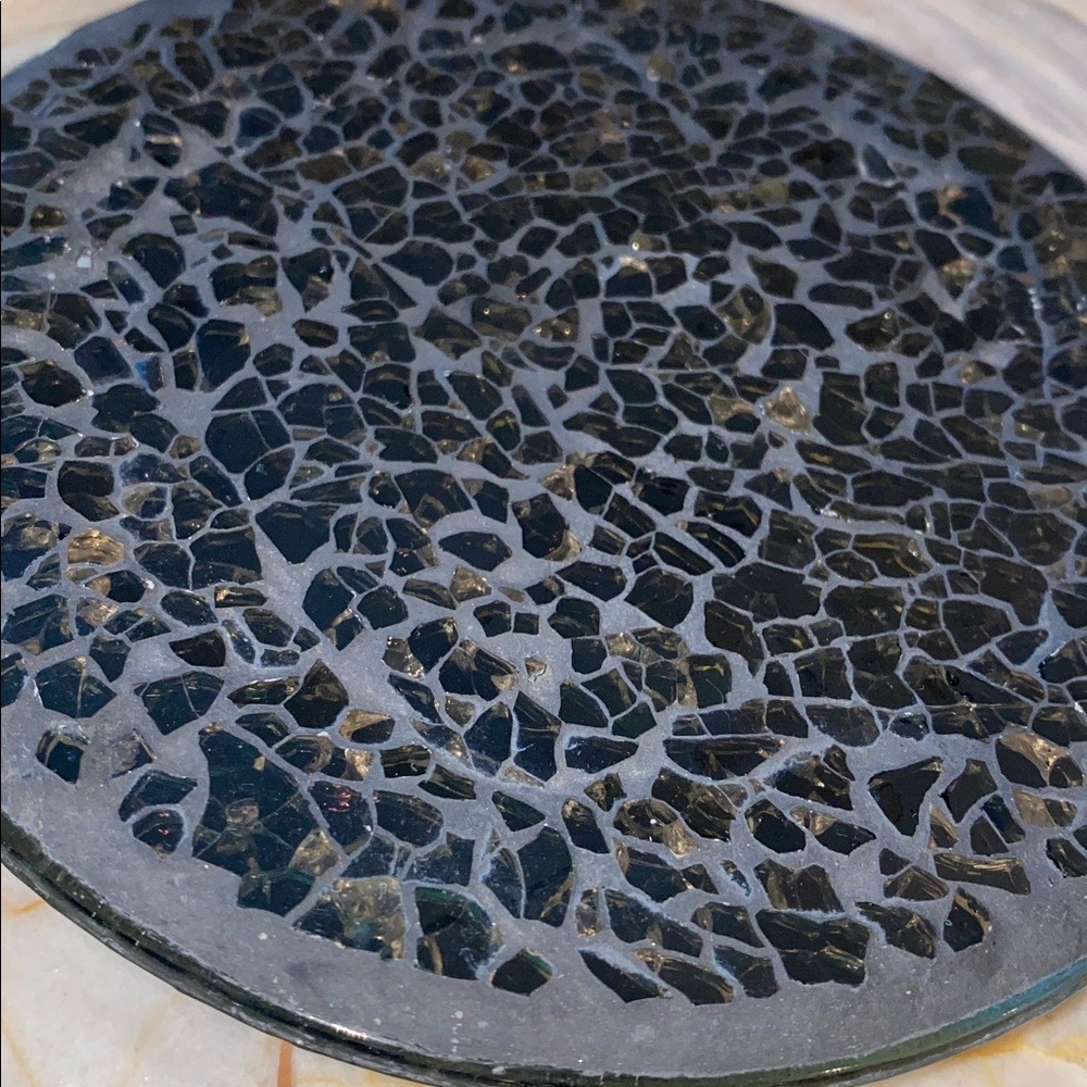 Kohls Black Mosaic Glass Round Pillar Candle Holder Plate Tray 5.75 inch Footed